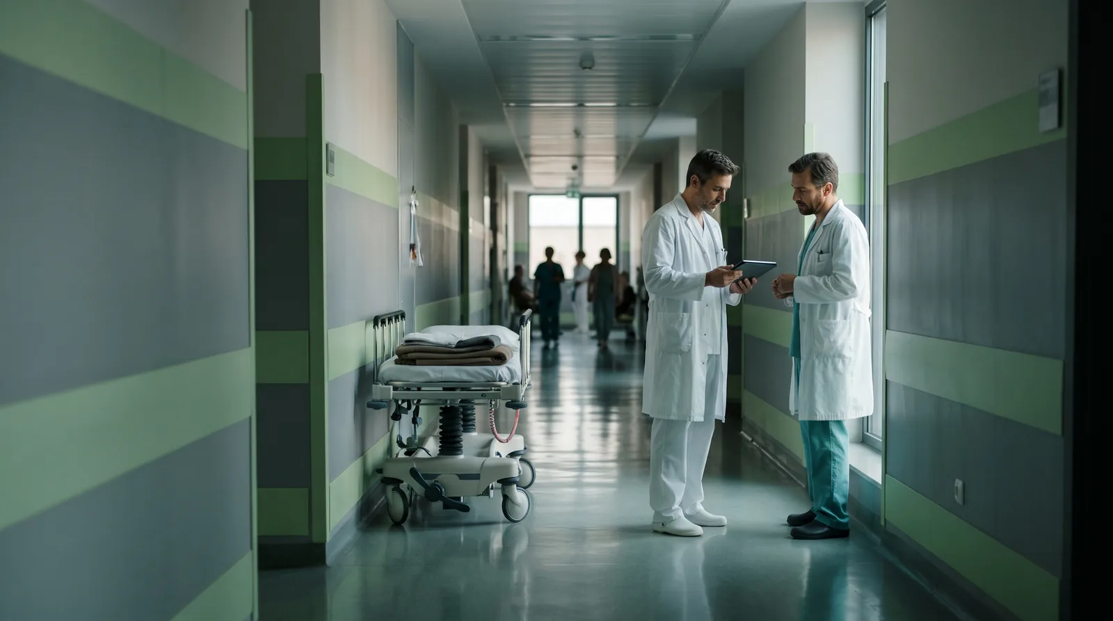 Dos médicos conversan en el pasillo de un hospital moderno