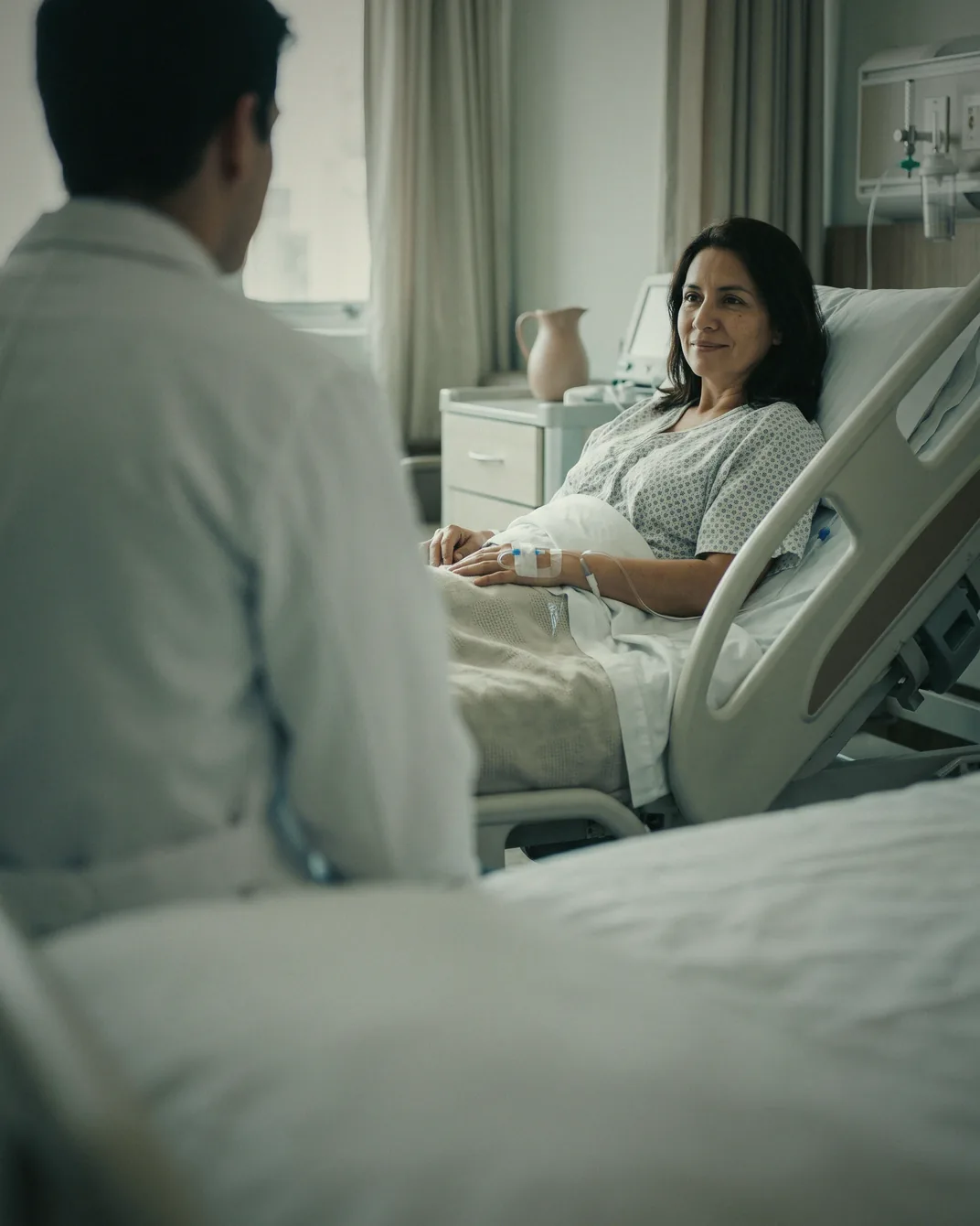 Una médica conversa con un paciente internado junto a su cama