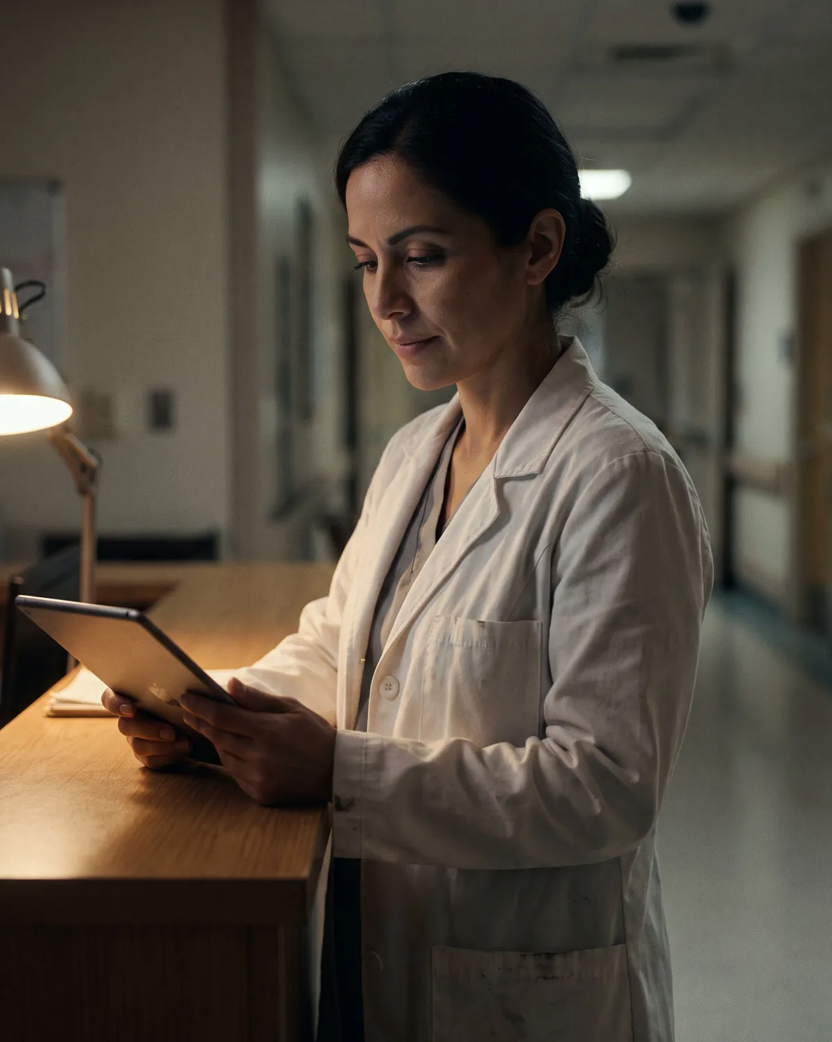 Una médica revisa la historia clínica de un paciente internado